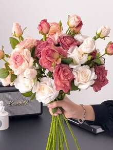 3pcs Vintage Style Artificial Rose Flowers, Decorated With Lifelike Blooms And Buds, Valentine's Day Gift - Multicolor - View 9