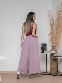 WOMEN'S PANTS, WIDE LEG, HIGH WAIST, VALENTINE'S DAY PANTALONA - Lilac Purple - View 5