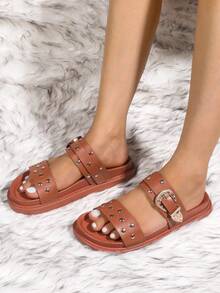 Women's Summer Outdoor Casual Shoes, Beach Shoes, House Slippers, Indoor Slides, Punk Style Rivet Embellished Sandals - Brown - View 5