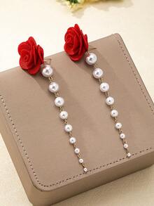 1对夸张红色花朵流苏耳环，适合女性佩戴，也适合派对和日常佩戴 - 紅色 - 查看 5