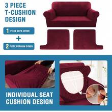 Sofa Cover 3 Piece T Cushion Loveseat Slipcovers Thick Velvet Couch Cover Stretch T Cushion Sofa Covers For 2 Cushion Couch With 2 Individual T Cushion Covers Washable, Stone Blue - 酒紅色 - 查看 11