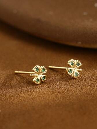 1 para kolczyków ze srebra próby 925, cyrkonii zielonej, koniczyny, miniaturowych, z diamentami, uniwersalna złota biżuteria dla kobiet, w zestawie pudełko na biżuterię