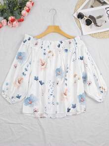 Plus Women's Printed One Collar Ruffle Edge Elegant Shirt Tops - White - View 4