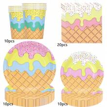 Decoraciones para fiesta de cumpleaños de helados 10 piezas/20 piezas/50 piezas/80 piezas, vajilla desechable de papel para fiesta de helados, platos, vasos, servilletas, decoraciones de mesa para fiesta de verano de helados o cumpleaños, suministros para fiesta de verano de helados - Multicolor - Ver 10