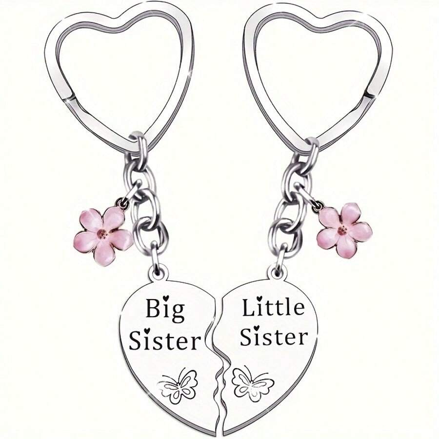 2pcs/Set Big Sis & Lil Sis Love Theme Keychain Set - 2 Stainless Steel, Perfect Sister Birthday And Christmas Gift, Matching Keychains