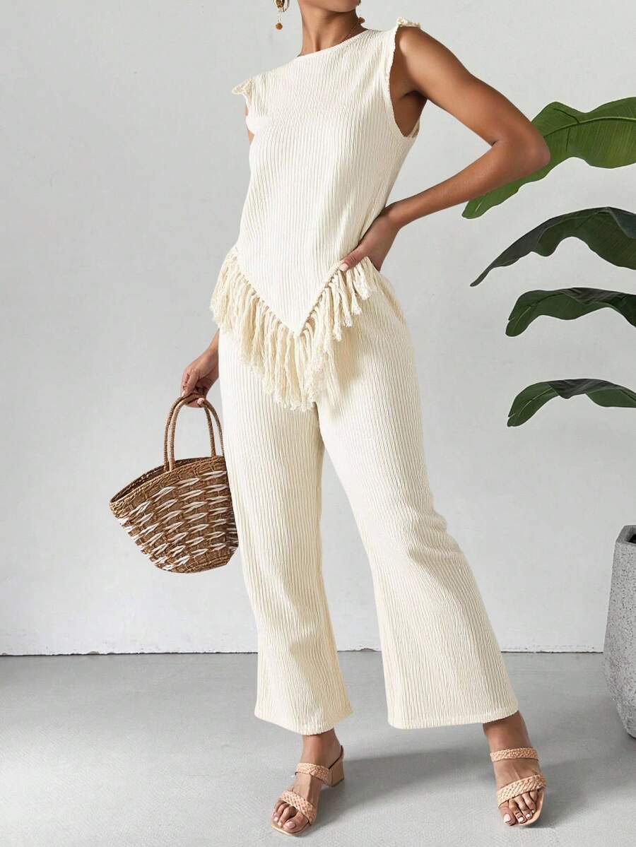 Primavera y verano de las mujeres de vacaciones con flecos dobladillo asimétrico chaleco pantalones sueltos conjunto de dos piezas - Blanco - Ver 1