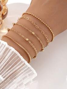 5 件套女士锌合金串珠、心形链和链条简约时尚手链套装 - 5pcs手鍊 - 查看 6