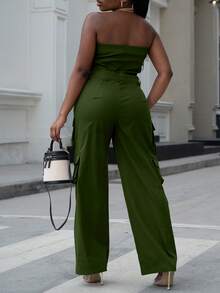 Sexy Halter Jumpsuit Women, American Cargo Style Style, High Waist Wide Leg Slimming Jumpsuit With Multiple Pockets, Suitable For Spring And Autumn Summer Elegant - Army Green - View 8