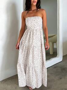 Women Floral Print Maxi Tube Dress Strapless Flowy Long Bandeau Dress Y2K Open Back Sundress Summer Beachwear - màu nâu - Xem 4