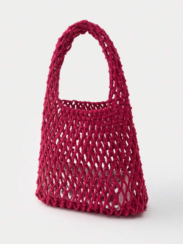 1 Set aus Polyestergarn Schlaufenhaken Netzgewebe Stoffboden, mehrfarbig einfarbig Schnürung, gestrickt, Handtasche, Argyle-Muster, leicht, tragbar, große Kapazität, süß, kawaii, modisch, Steppdeckentasche, Strandtasche für Frauen