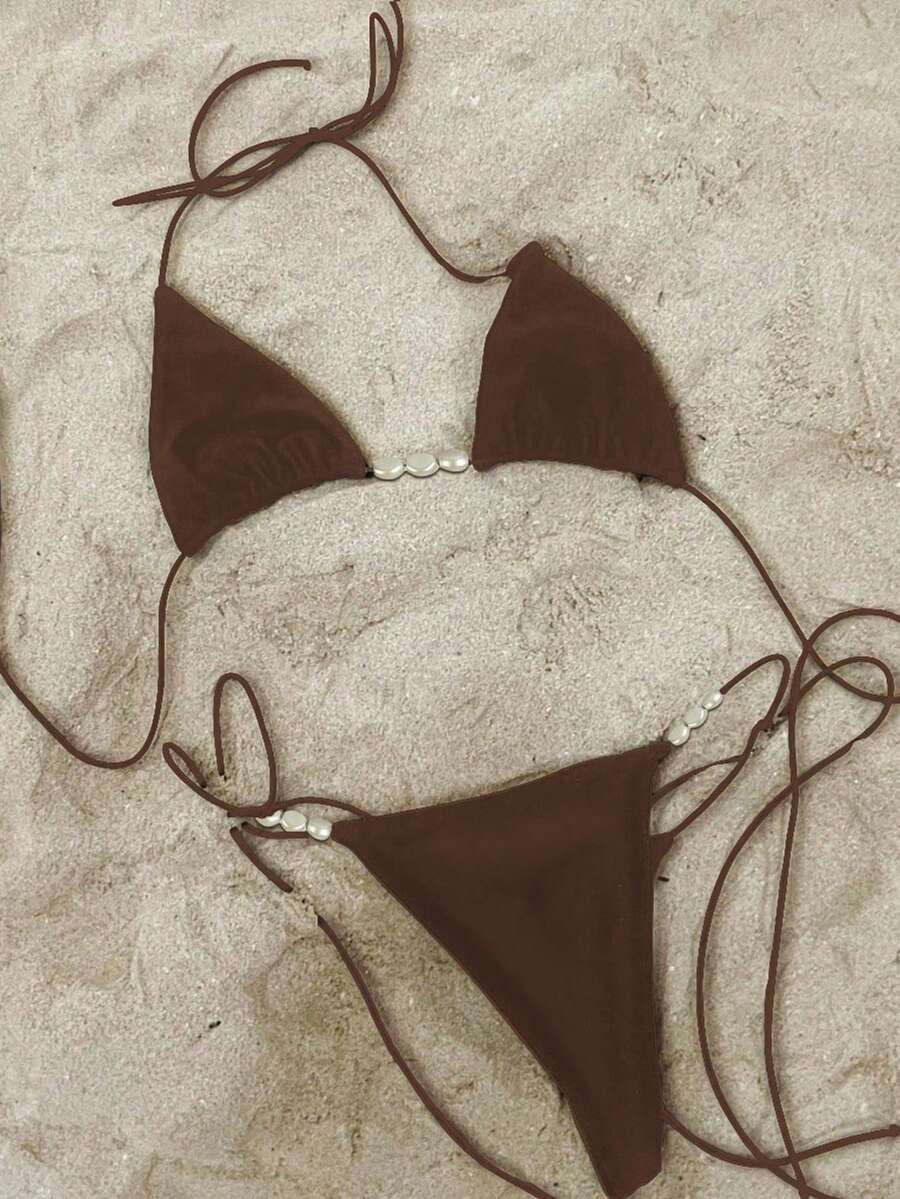 Polovedo Official New Spring/Summer Solid Color Khaki Halter Tie Sexy Bikini Swimsuit Set, For Beach, Vacation, Party, Date - Khaki - View 1