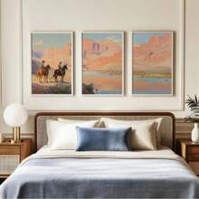 3pcs Cowboy 3 PiecesWall Art, Western Oil Painting Set Of Three Prints, Desert Landscape, Rodeo Horseback Riding Equestrian Decor