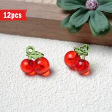 12/18pcs Red Cherry Pendant With Green Leaves, 3D Fruit Acrylic Cherry Accessories For DIY Jewelry Making, Earrings, Necklaces - Multicolor - View 8
