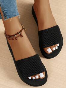 女士简约休闲新款黑色平底拖鞋，舒适轻便室内拖鞋，适合学生、沙滩、夏威夷 - 黑色 - 查看 5
