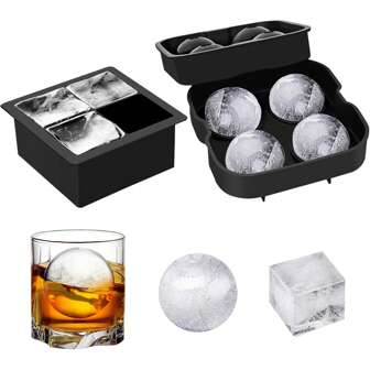 2个冰格（一套1个），球形冰球模具带盖，大号方形冰块模具，适用于威士忌、鸡尾酒和自制饮品，保持饮品冰爽（黑色）