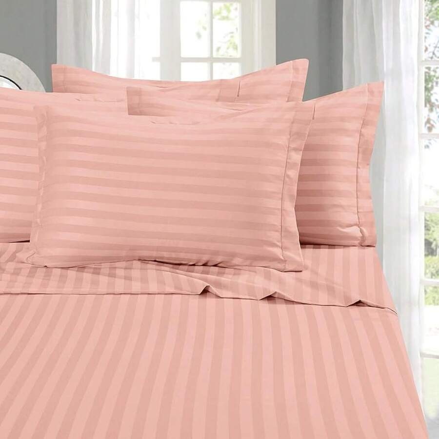Elegant Comfort, Softest, Coziest 6-Piece Sheet Sets! 1500 Hotel Quality Luxurious Wrinkle Resistant Damask Stripe Bed Sheet Set, Black - Bedding 2025 - Dusty Rose - 查看 1