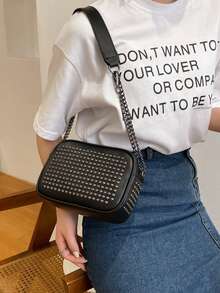 1 件女式复古铆钉装饰 PU 皮革单肩包，时尚百搭，适合派对、街头、婚礼 - 黑色 - 查看 3