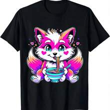 Transgender Pride Kawaii Fox Ramen Noodles Trans Flag T-Shirt  Women Clothing  Tops  Kawaii Clothes  Camisetas - 黑色 - 查看 1