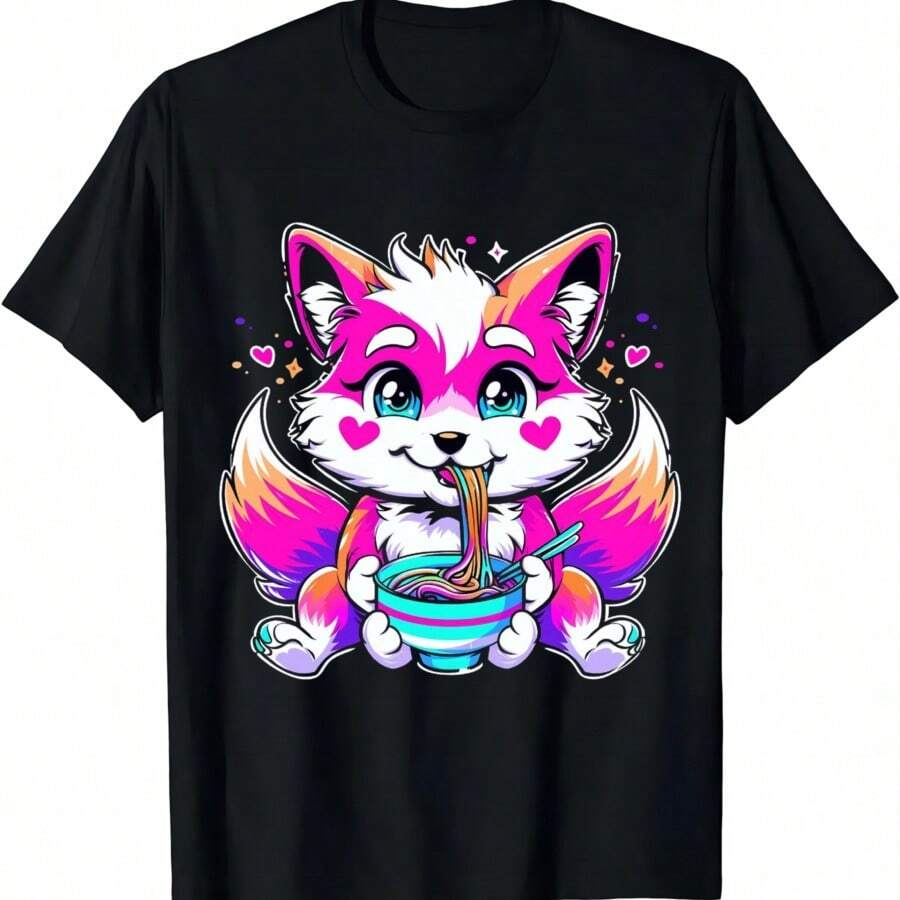 Transgender Pride Kawaii Fox Ramen Noodles Trans Flag T-Shirt  Women Clothing  Tops  Kawaii Clothes  Camisetas - 黑色 - 查看 1