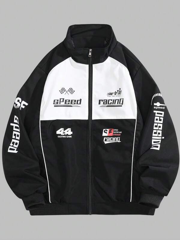 1pc Men's Letter Print Long Sleeve Jacket, Stand Collar Zipper Closure Sportswear, Motorcycle Racing Style, Autumn