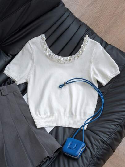Sexy Beaded Pearl Rhinestone Knit Short Sleeve Pullover Top Summer New White T-Shirt For Women