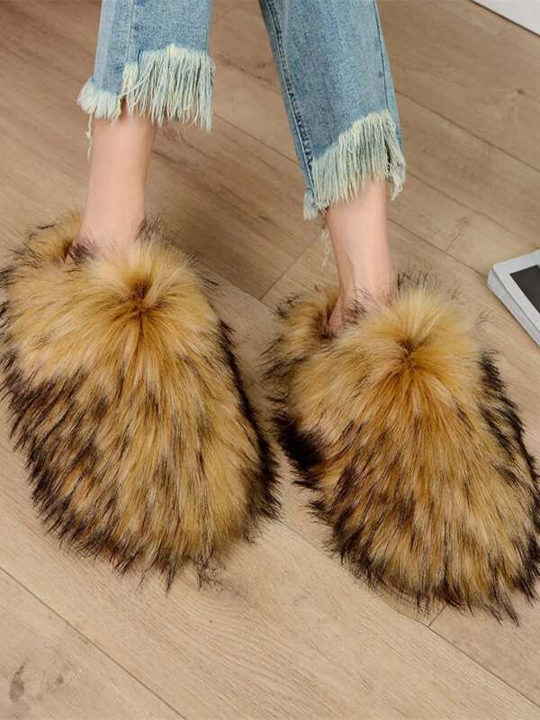 Women's Fuzzy Slippers, Fashionable Cotton Slip-On Y2K Outdoor Wear Thermal Slippers
