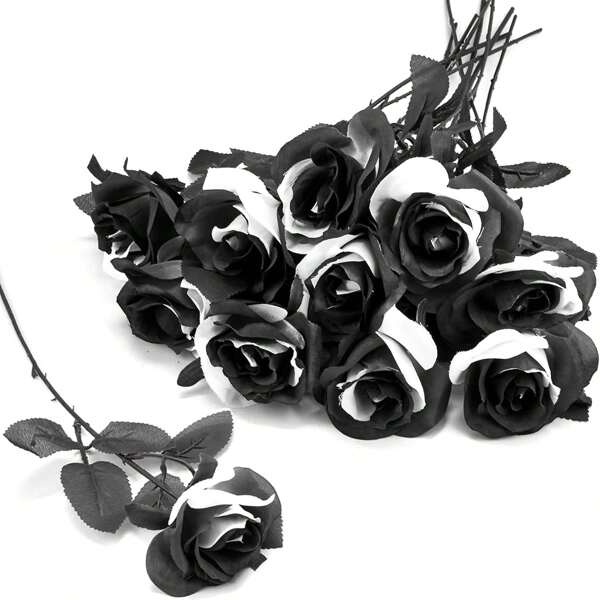 10 pezzi di piante artificiali, fiori artificiali di simulazione per decorazione di Ognissanti e Natale, rose nere artificiali gotiche per feste di Ognissanti, rose semplici bianche e nere, decorazioni per cascata di rose, accessori per fotografia interna ed esterna, decorazione per matrimonio e casa, profumo floreali, decorazioni stagionali con rose artificiali per aule