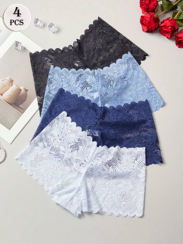 Conjunto de 4 calcinhas de renda sexy, transparentes, leves e macias, para primavera e verão. Modelo boxer feminino, cor sólida, moderno, elástico e respirável, ideal para uso casual em casa. (O cós é bastante elástico; caso se incomode, recomendamos escolher um tamanho menor.)