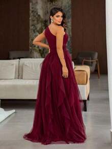 LONG PARTY DRESS WEDDING BRIDESMAIDS GRADUATES ONE SHOULDER CASCADE SKIRT GRADUATION - Color caoba - Ver 2