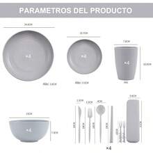 Juego de vajilla de 44 piezas, juego de vajilla de paja de trigo, vajilla reutilizable de fibra irrompible para 4 personas, libre de BPA, apto para lavavajillas y microondas (gris claro) - Gris Claro - Ver 2