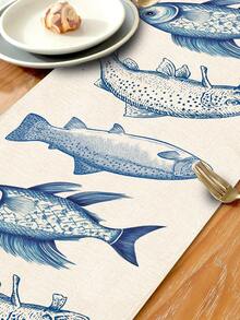 1pc Ocean Theme Printed Table Runner, 4/6/8pcs Ocean Printed Placemats, Suitable For Holidays, Parties, Birthdays, Dinners, Kitchen & Dining Room Decor, Year-Round Home Decoration, Table Linens - Blue and White - View 7