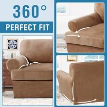 Sofa Cover 3 Piece T Cushion Loveseat Slipcovers Thick Velvet Couch Cover Stretch T Cushion Sofa Covers For 2 Cushion Couch With 2 Individual T Cushion Covers Washable, Stone Blue - 駝色 - 查看 8