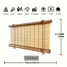1pc 2D Flat Natural Bamboo Roll-Up Blinds Backdrop, Decorative Wooden Curtain With Rustic Wood Floor And Brick Wall Elements, Ideal For Photography, Home Decor, And Events, Elegant Bohemian Style Photobooth Background -No Need For Electricity