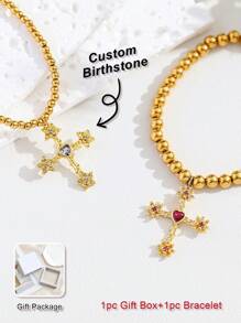 1pc Custom Birthstone Bracelet, Gold Cross Pendant Bracelet For Women, Suitable As Birthday Gift, Graduation Gift, Friendship Token, Thanksgiving Gift, Anniversary Gift