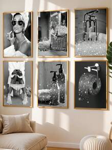 1 pièce Affiche murale mode, décoration murale de salle de bain, impression noir et blanc avec paillettes roses, tableau canevas, photos, œuvre murale de salle de bain moderne, humoristique pour femmes, sans cadre