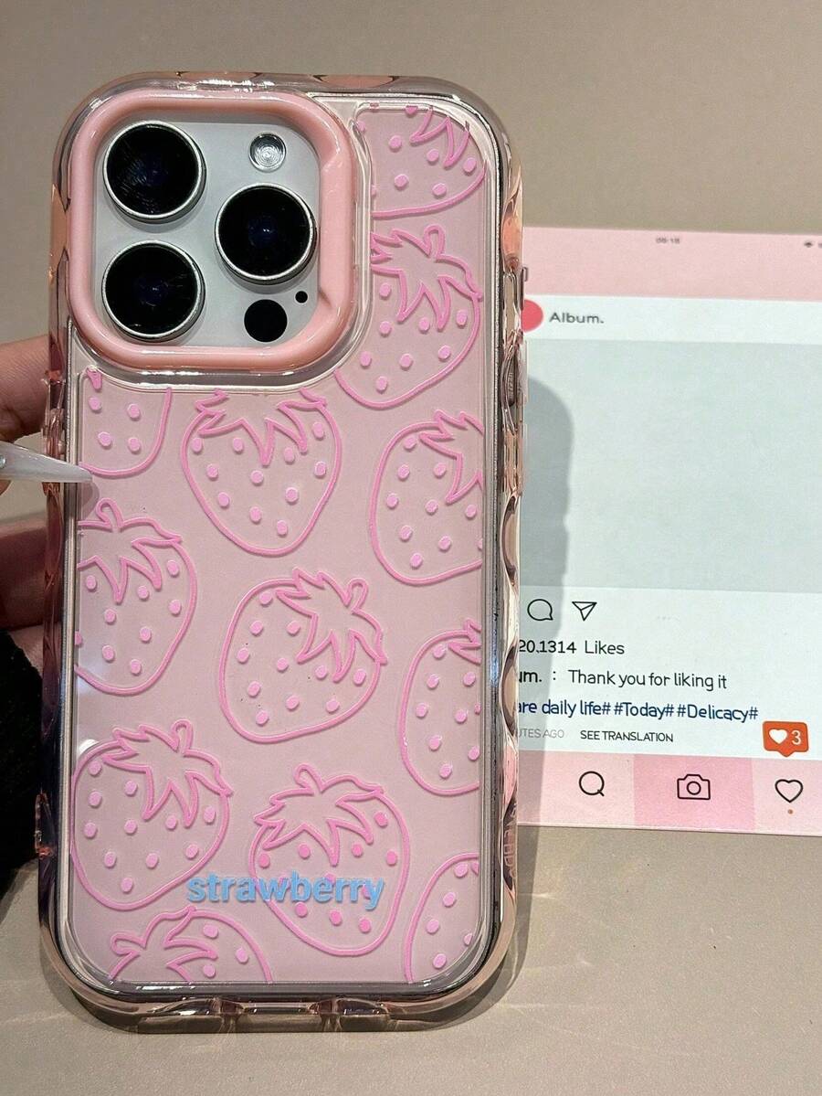 Cute Cartoon Pink Strawberry 3D Wavy Edge Jelly Phone Case Compatible With IPhone16 15 14 13 12 11 Pro Max Lovely Shockproof Phone Cover Girl Gift - Pink - View 1