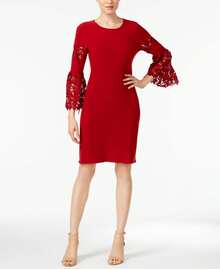 Alfani Lace Sleeve A Line Dress - Red - View 1
