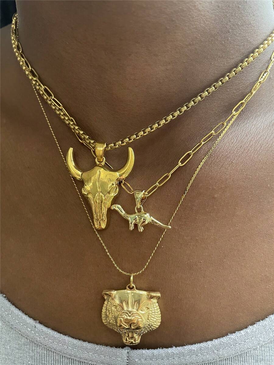 Dây chuyền cổ điển Hip-Hop Street bằng thép không gỉ hình đầu bò/hổ - Vòng cổ động vật - Xem 1