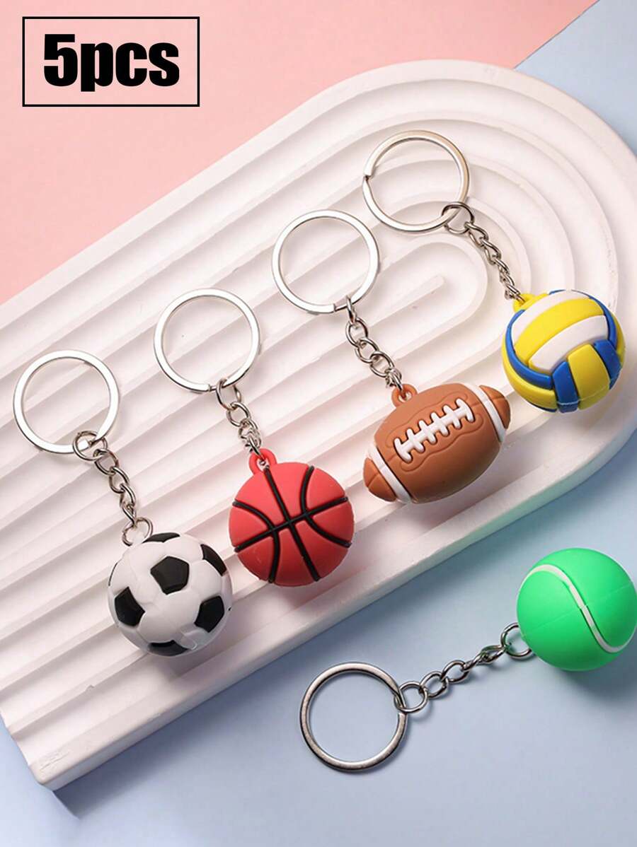 1/5Pcs Creative Football/Basketball/Volleyball/Rugby/Tennis Shaped Rubber Keychain For Girls, Suitable For Daily Casual Bags Accessories