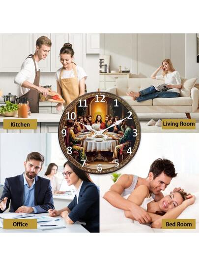 [10 16 Inch Silent Wooden Clock] Lively 10 Wand Klok "The Last Supper" Quiet Operation, Living Room, Bedroom, Kitchen, Office Ideal Baptism Featured The Supper Illustration, Large Size Room Bedroom Dormitory Back To School Surprise Home Supplies view 7
