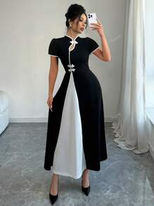 Summer Black & White Contrast Collar Puff Sleeve Cinching Waist Button Down Midi Elegant Office Fitted Dress For Women