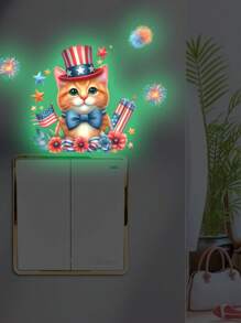 Set de 2 calcomanías de pared con diseño de gato que brillan en la oscuridad para el Día de la Independencia, pegatinas de pared de decoración de habitación