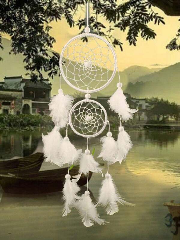1pc White Dual-Ring Dreamcatcher, Home Wedding Decor Feather Craft Wind Chime Hanging Ornament Gift Room Decors Garden Decor Home Decors