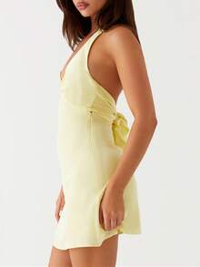 Women Y2k Halter Back Tie Up Bow Formal Mini Dress Cute Floral Backless Silk Satin Beach Vacation Short Dresses Summer Club Party Night Sundress