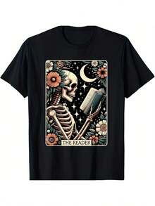 Fashion TrendThe Reader Tarot Card Skeleton Reading Book Graphic T-Shirt For Men & Women, 100% Cotton Soft Knit Fabric, Casual Crew Neck Short Sleeve Tee, Gothic Celestial & Floral Design With "THE READER" Lettering, Comfortable Black Fashion Top, Perfect For Halloween, Christmas, Thanksgiving, Book Lovers, And Casual Attire, All-Season Must-Have Stylish TeeCotton Fabric With Good Breathability And Quick Drying Properties - 黑色 - 查看 1