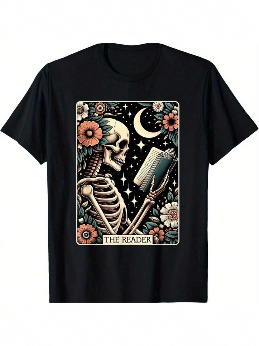 Fashion TrendThe Reader Tarot Card Skeleton Reading Book Graphic T-Shirt For Men & Women, 100% Cotton Soft Knit Fabric, Casual Crew Neck Short Sleeve Tee, Gothic Celestial & Floral Design With "THE READER" Lettering, Comfortable Black Fashion Top, Perfect For Halloween, Christmas, Thanksgiving, Book Lovers, And Casual Attire, All-Season Must-Have Stylish TeeCotton Fabric With Good Breathability And Quick Drying Properties - 黑色 - 查看 1