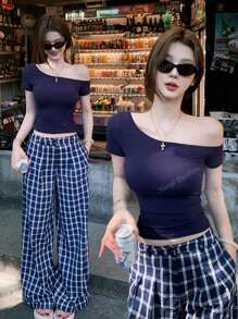 Chic Asymmetric Neck Short Sleeve Fitted Cropped T-Shirt Blouse