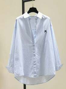 Women Drop Shoulder Striped Long Sleeve Letter Print Single-Breasted Casual Shirt