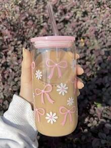 1 个粉色水瓶，带吸管盖，可重复使用，罐形玻璃杯，适用于冰咖啡、啤酒、果汁、牛奶，非常适合家庭、办公室和餐厅使用、家庭聚餐、生日派对、房间装饰、家居装饰、送给女性、母亲、祖母、家庭成员、情人节、生日、圣诞节、节日、感恩节、毕业典礼、伴娘和婚礼等的礼物