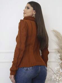 Women's Knitted Blouse High Neck With Front Brace Winter Elegant--- - 鏽棕色 - 查看 3